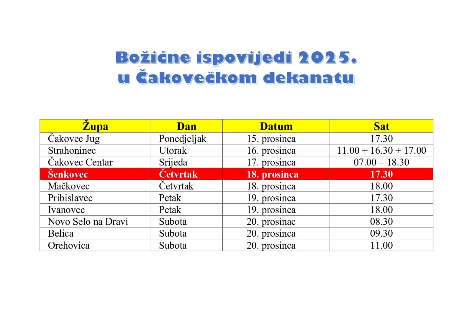 Raspored adventskih ispovijedi 2025.