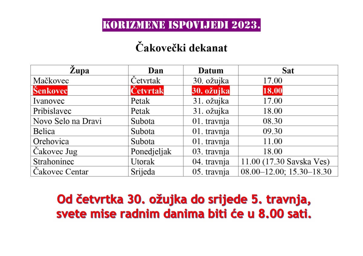 Raspored korizmenih ispovijedi 2023.