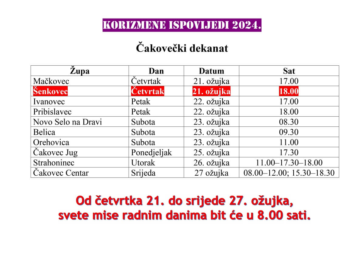 Raspored korizmenih ispovijedi 2024.