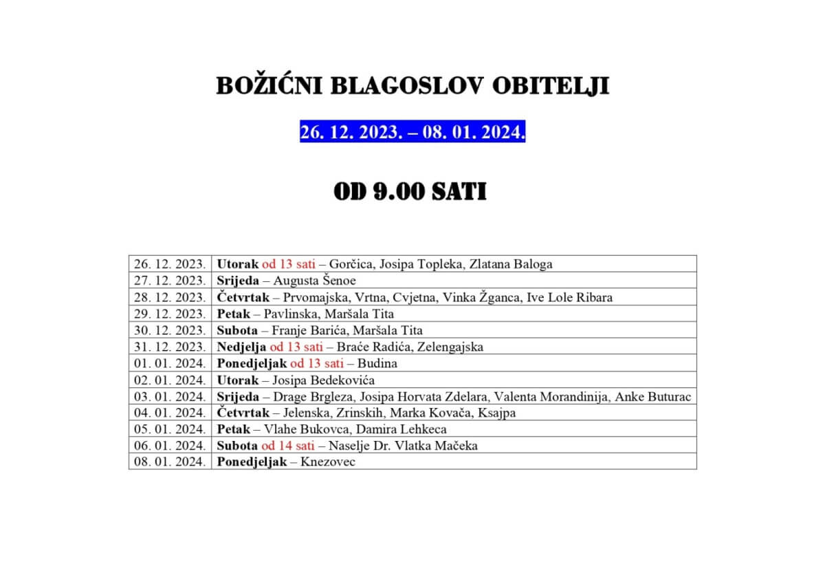 Raspored blagoslova obitelji 2023. godine